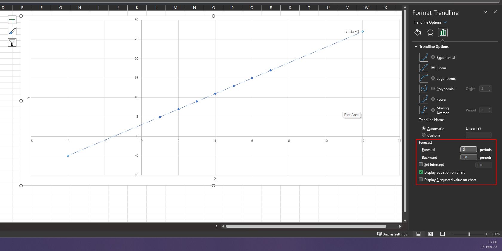 Adding Forecast and Equation to Scatter Chart via Format Trendline in Microsoft Excel