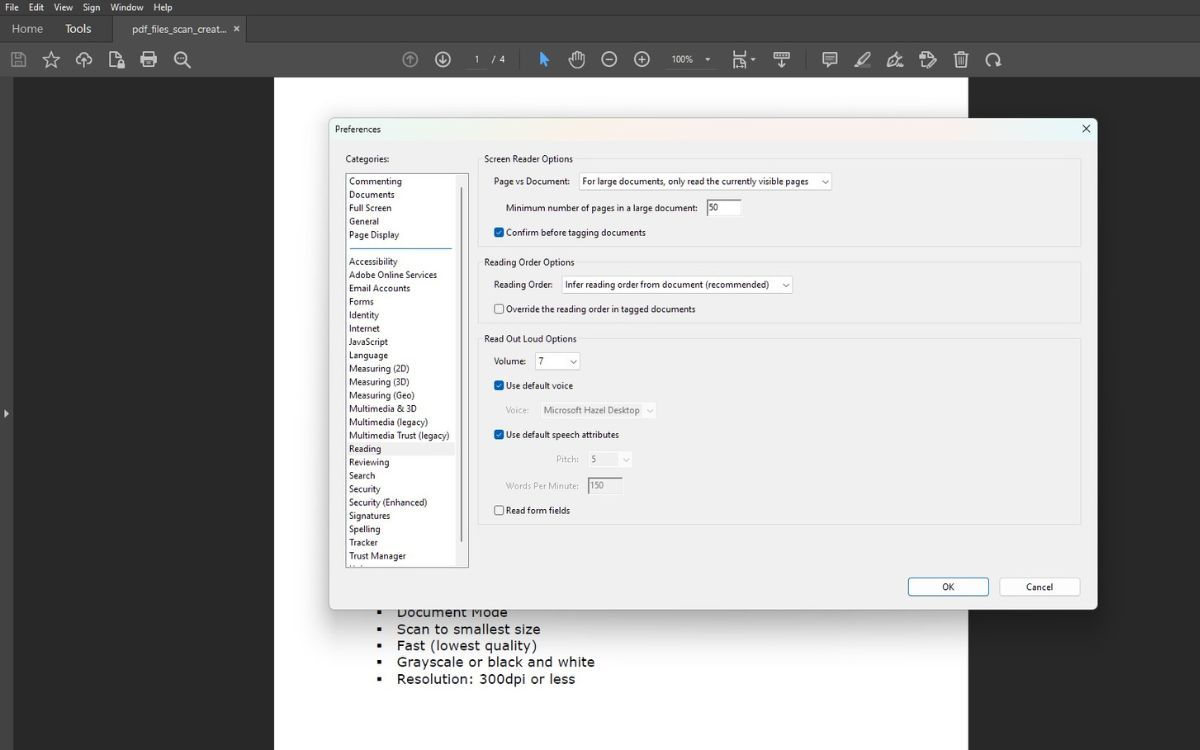 A screenshot of the Adobe Acrobat Preferences menu