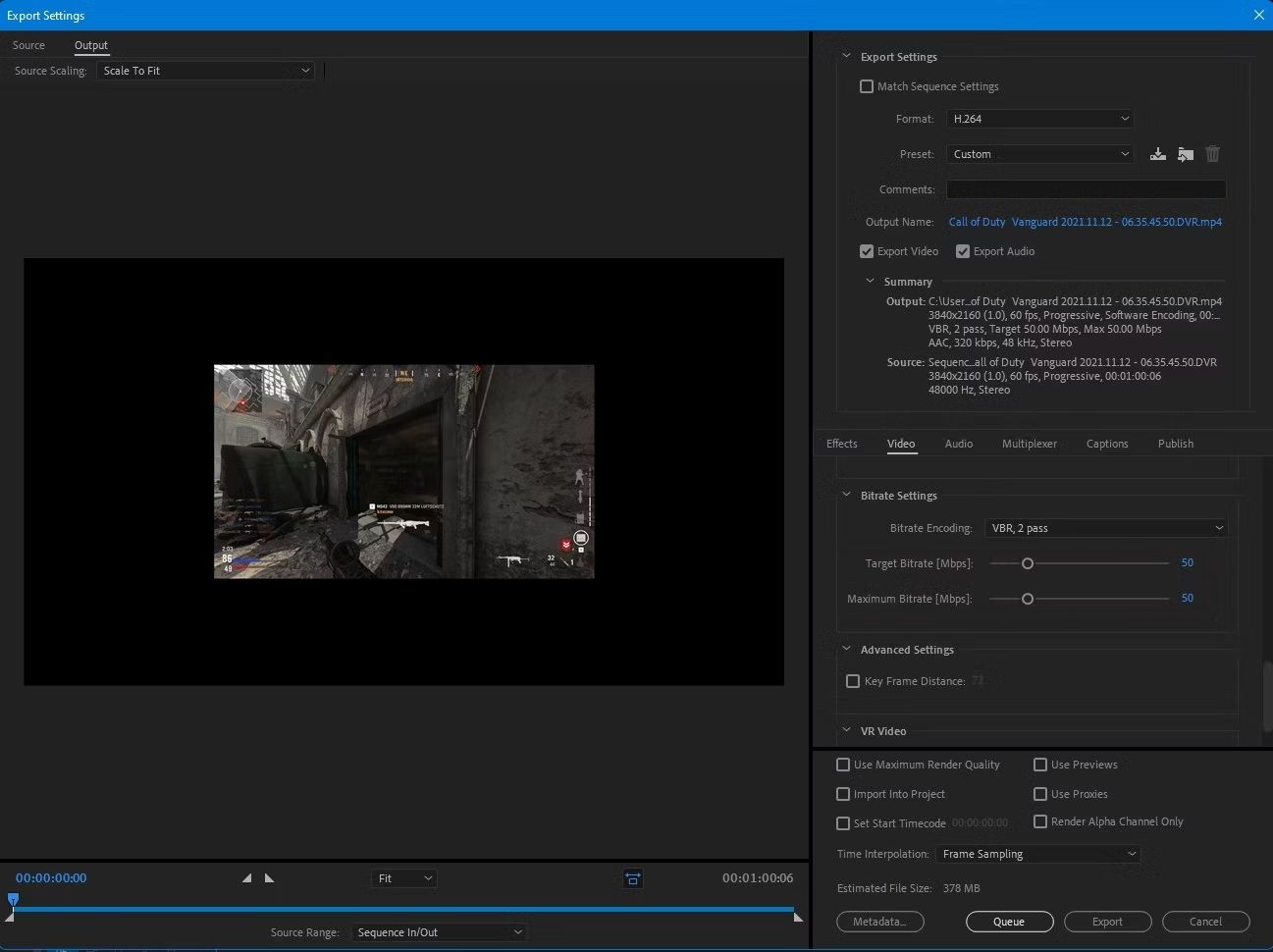 An Image of the Export Setting in Adobe Premiere Pro