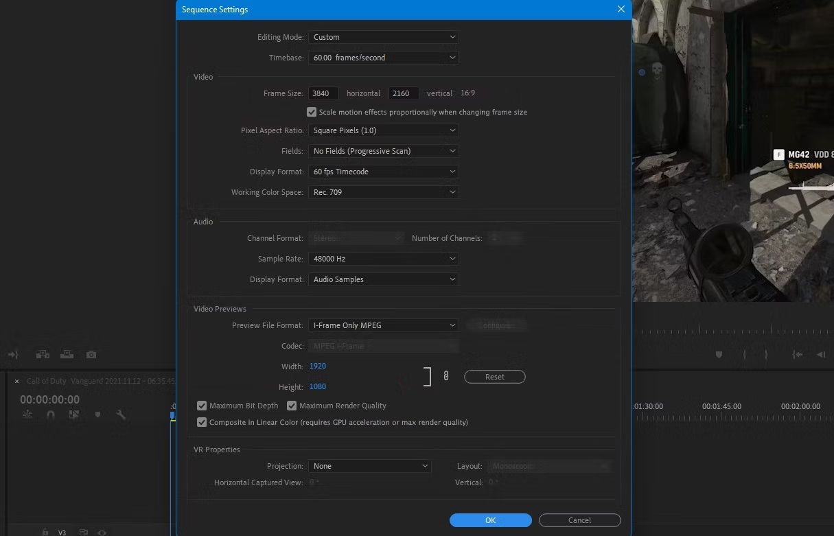 An image of the Sequence Settings in Adobe Premiere Pro