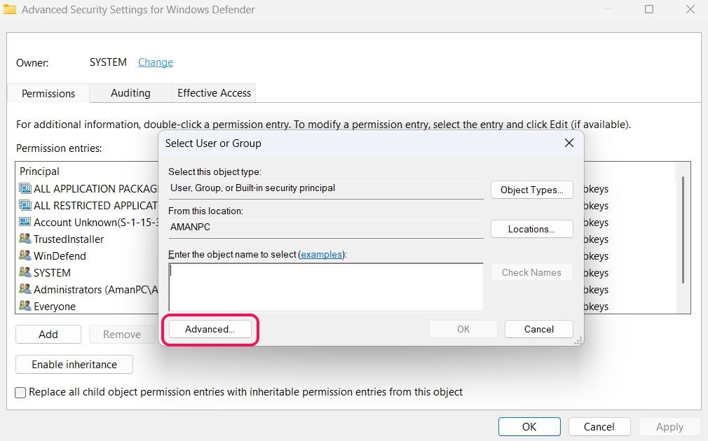 Advanced option in the Registry Editor