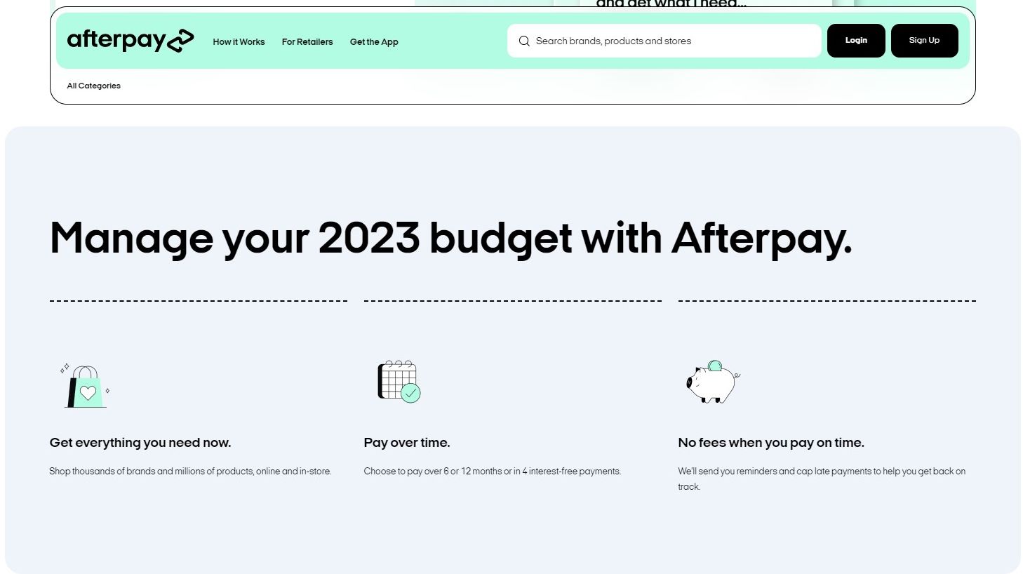 Screenshot of Afterpay homepage
