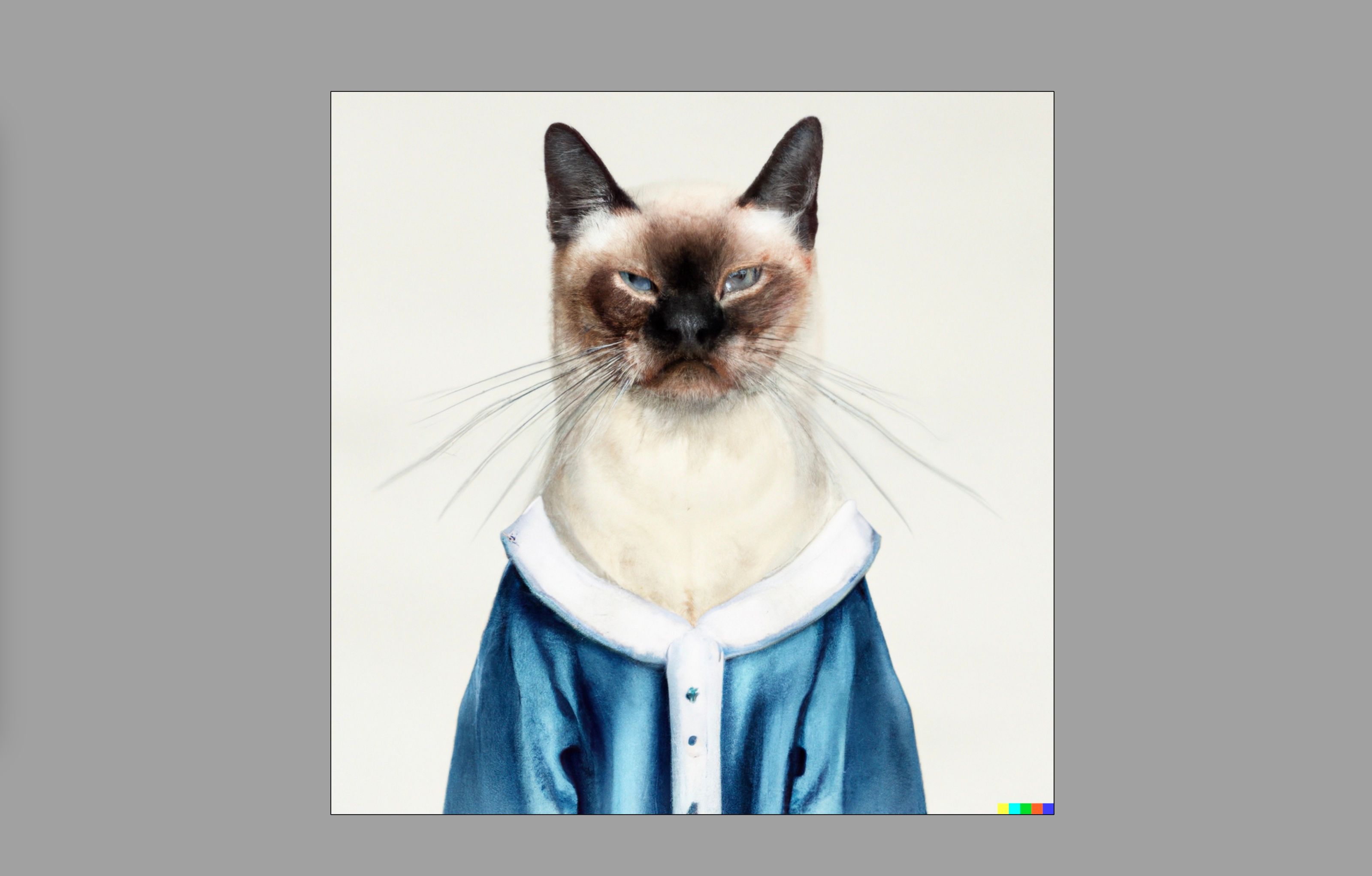 A siamese cat in a robe, generated with Dall-E