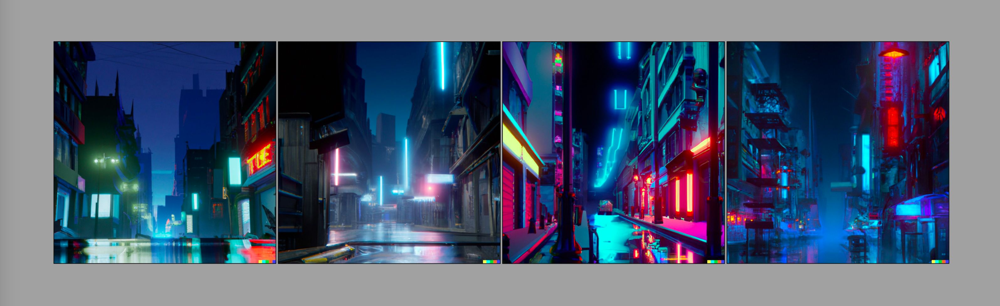Quatre images d'une rue urbaine de style cyberpunk, générées avec Dall-E