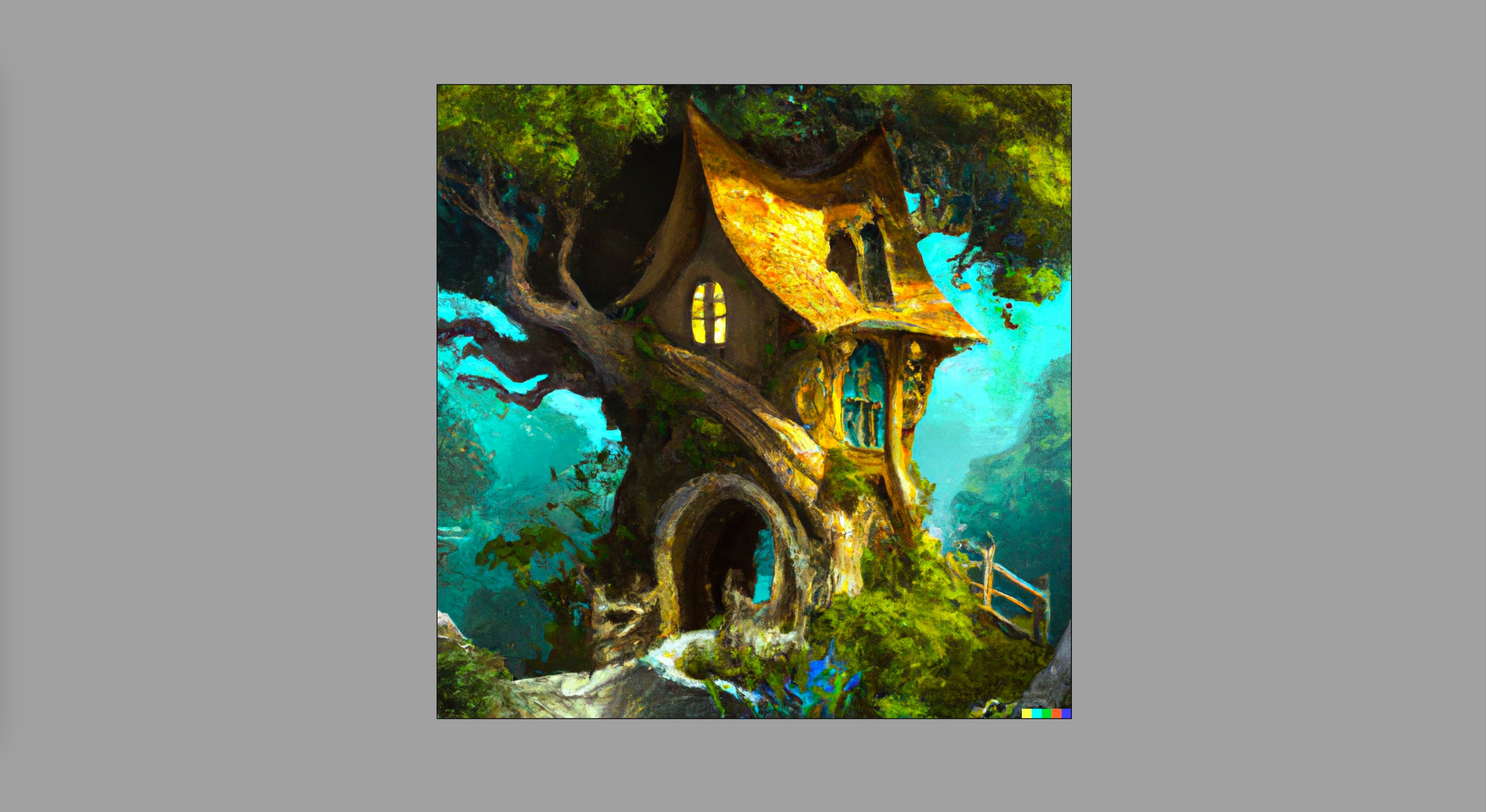 A cottage in a tree in the style of fantasty art, generated with Dall-E