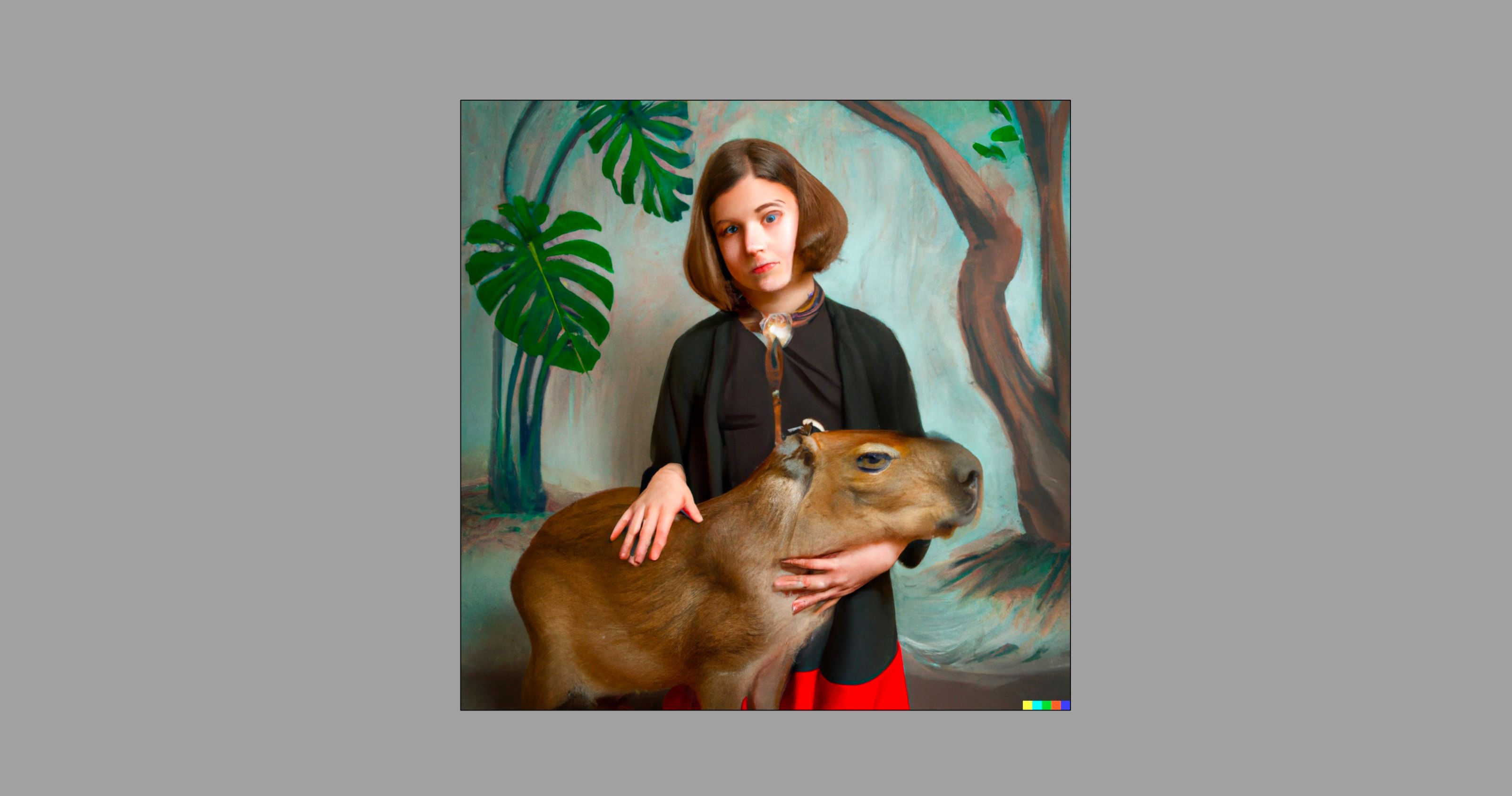 Um retrato gerado por IA de uma garota segurando uma capivara