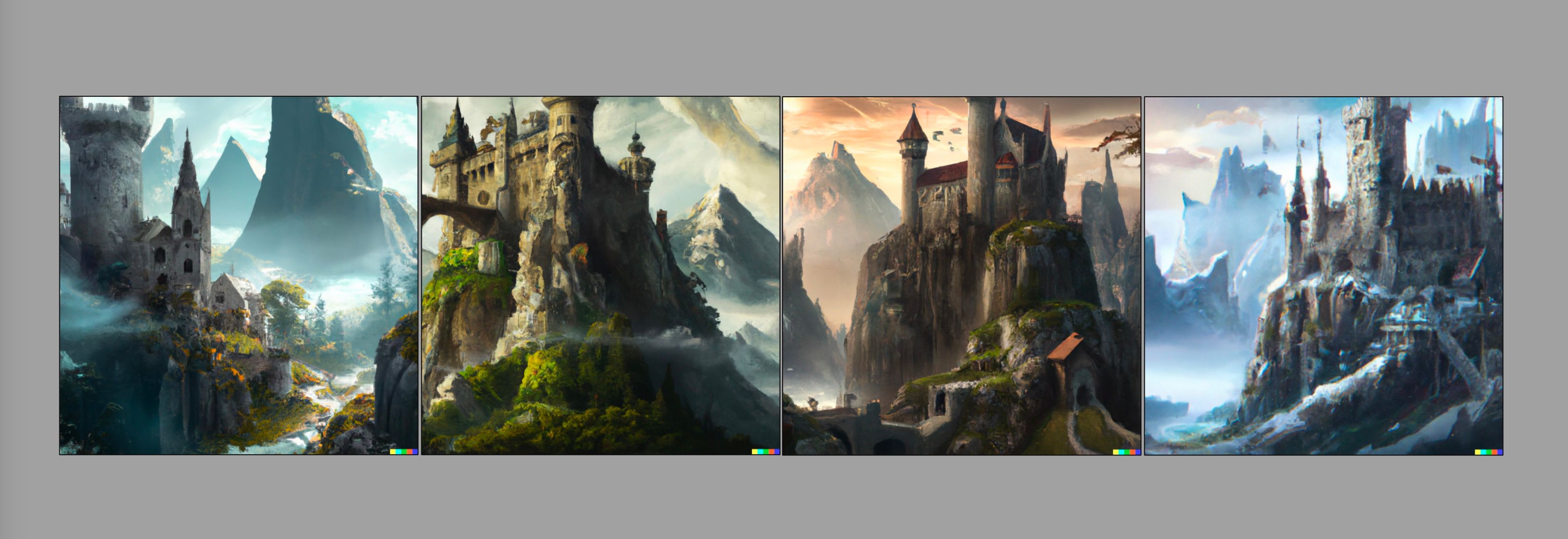 Quatro imagens de um castelo medieval com montanhas ao fundo, geradas com Dall-E