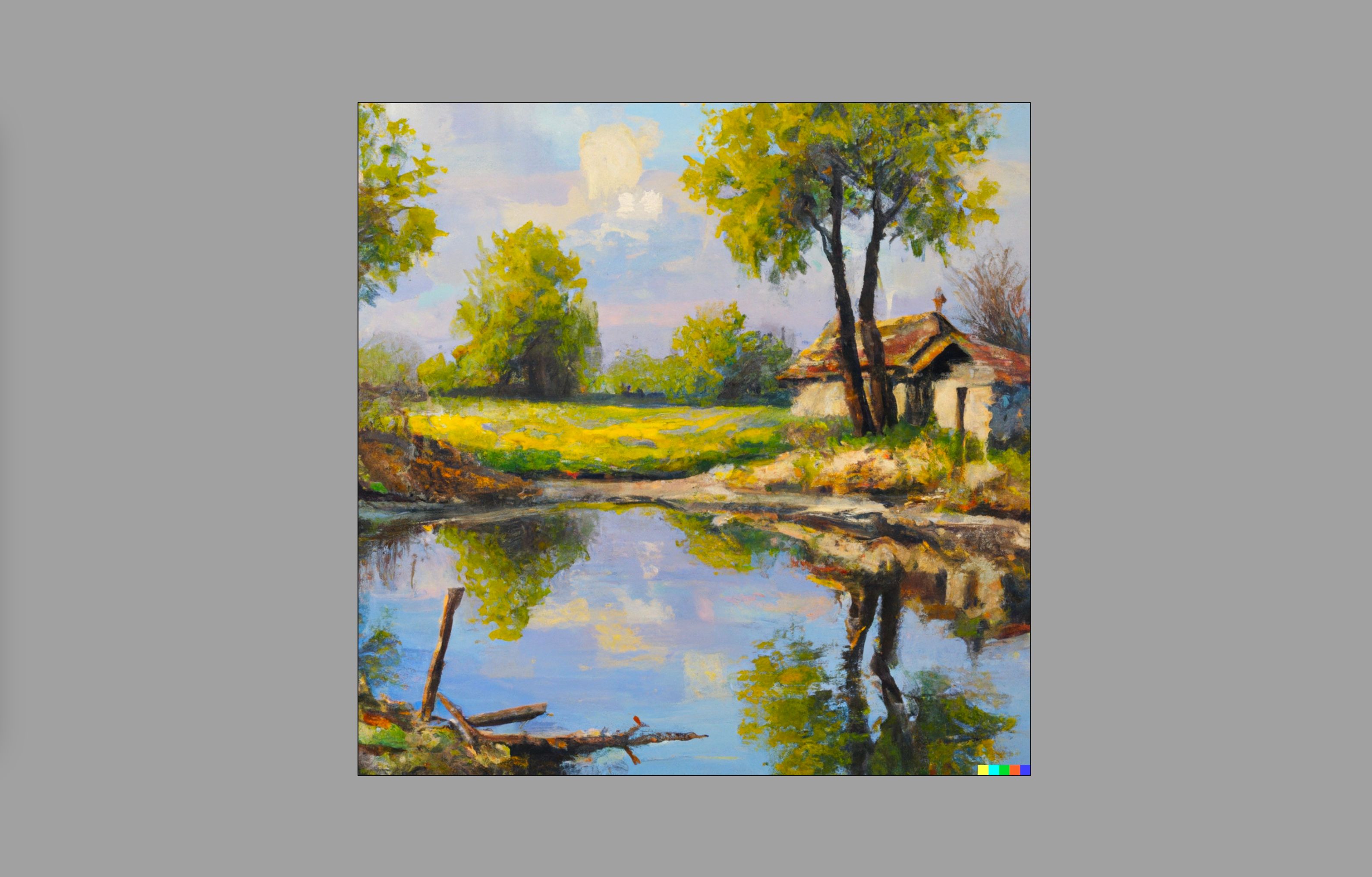 An oil painting of a cottage by a pond, generated with Dall-E
