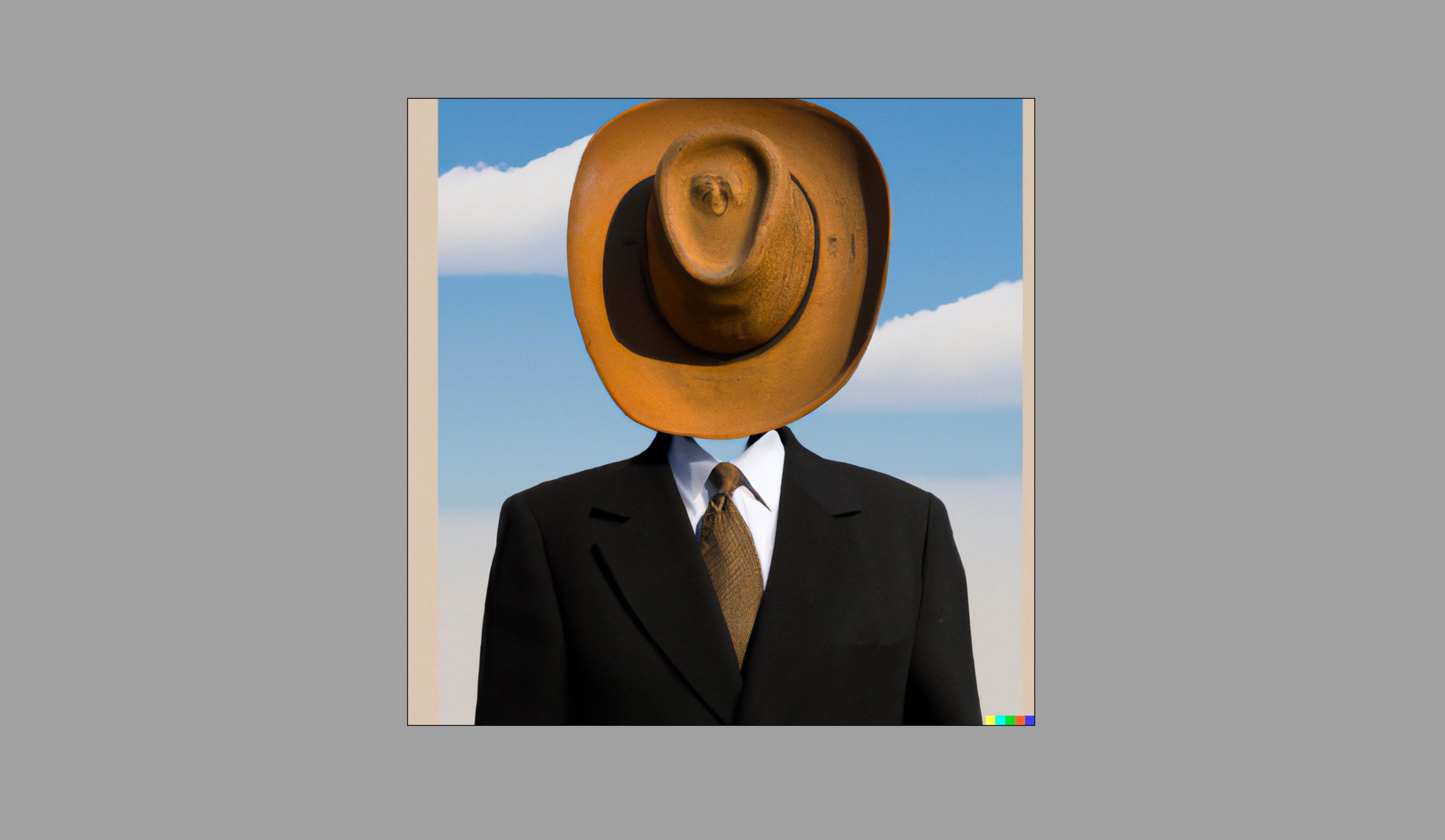 A man in a suit, his face covered by a cow boy hat