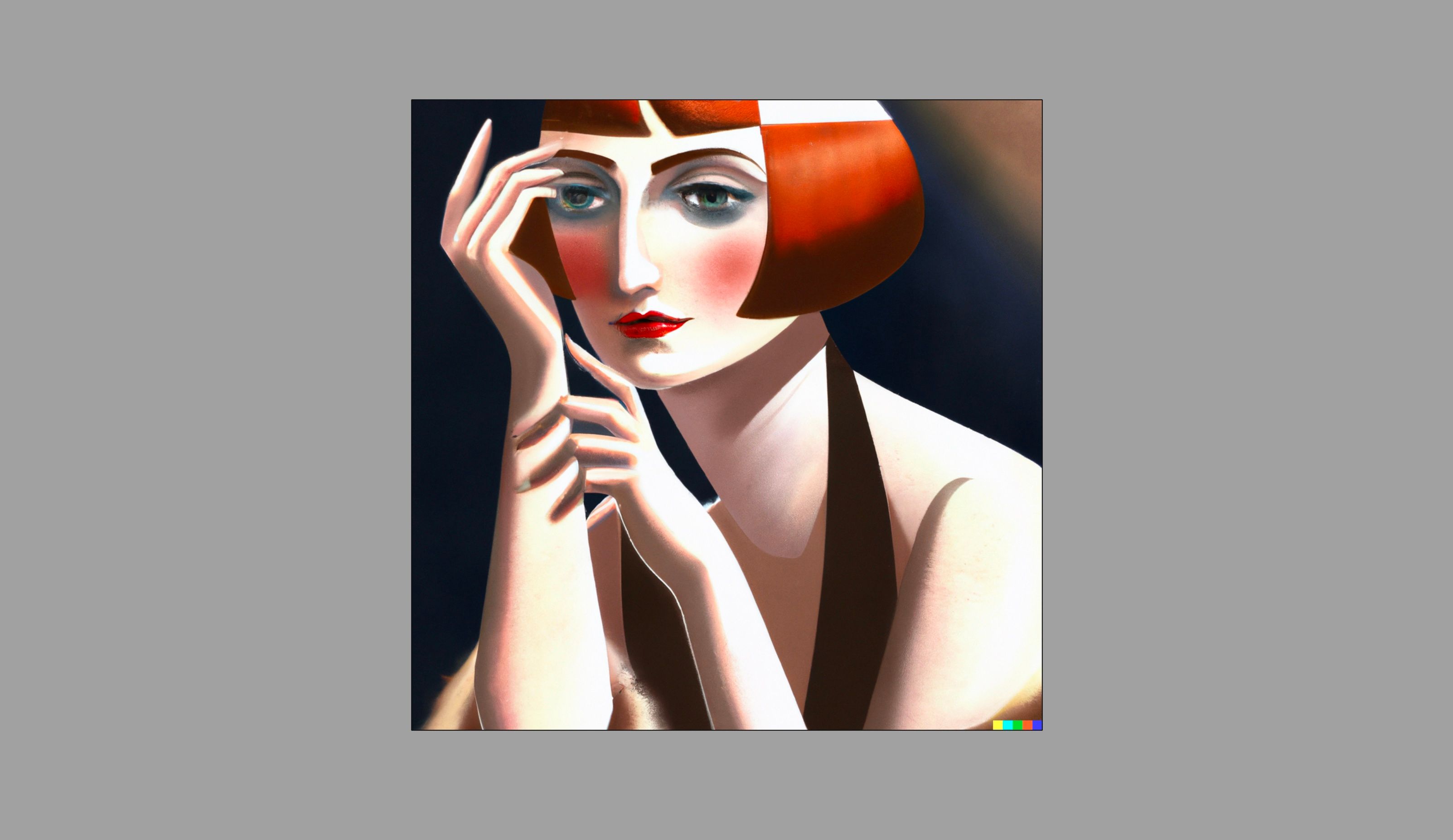 Retrato de uma mulher ruiva no estilo de Tamara de Lempicka