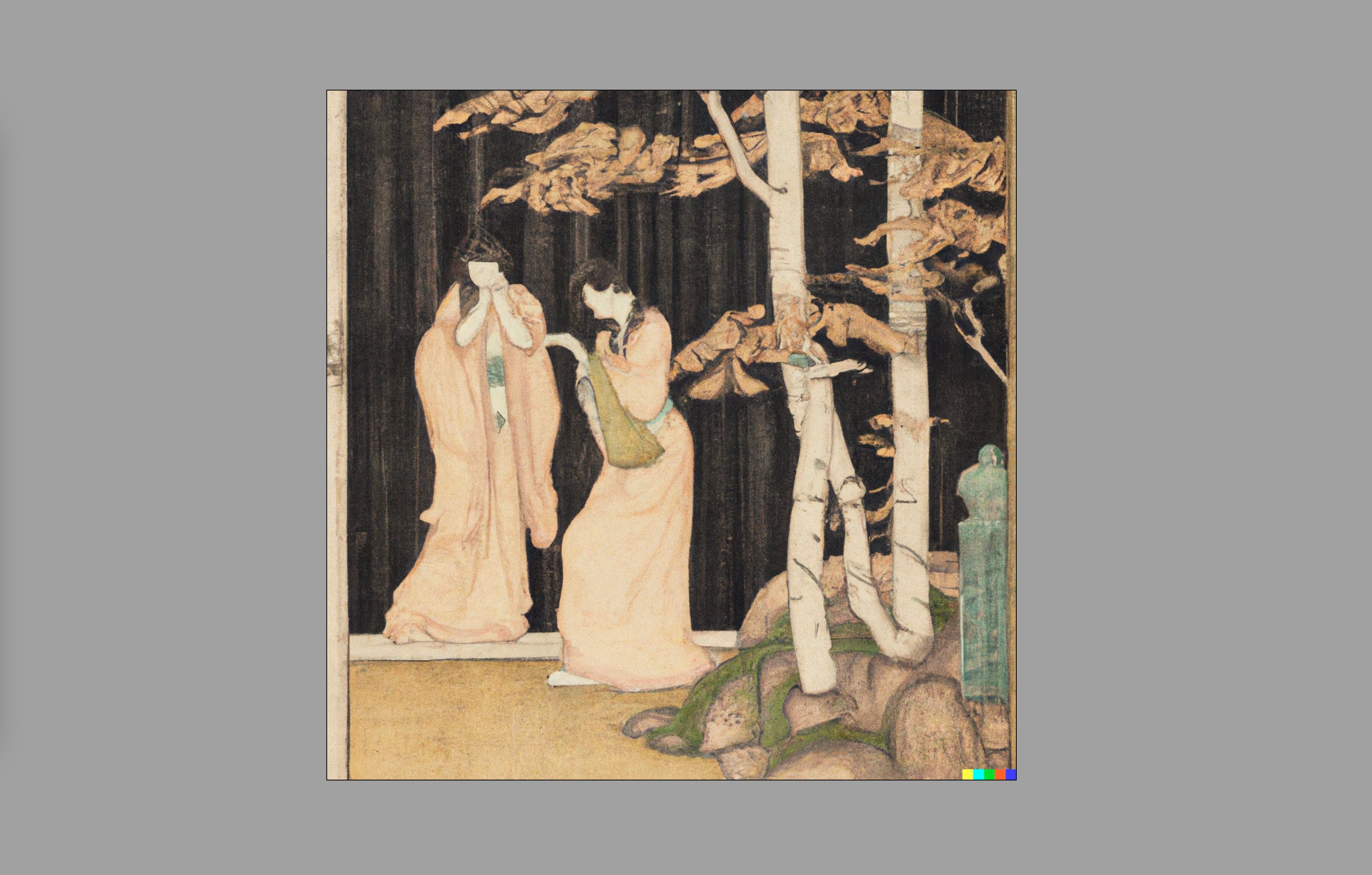 An Ukiyo-e style image of two japanese woman, generated with Dall-E