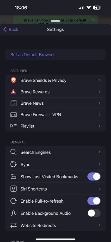 Brave browser Settings page