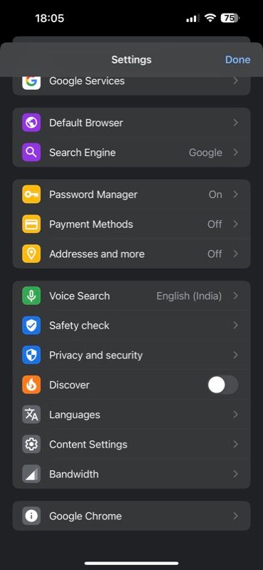 Chrome settings page