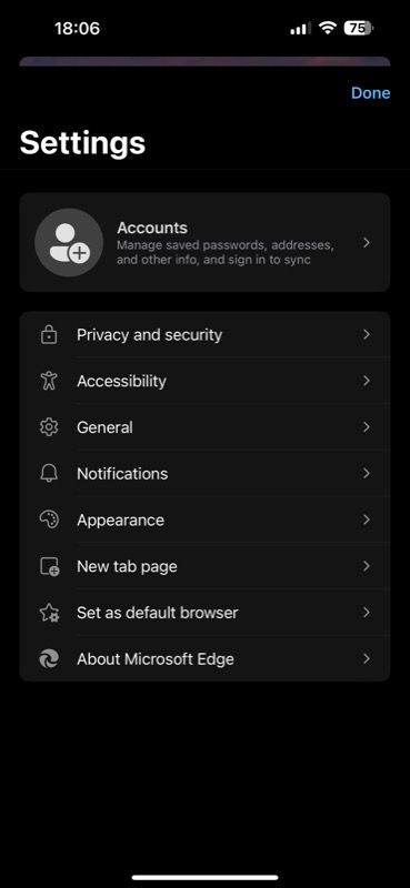 Edge browser Settings page