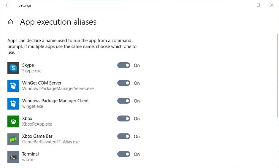 app aliases in Windows 10