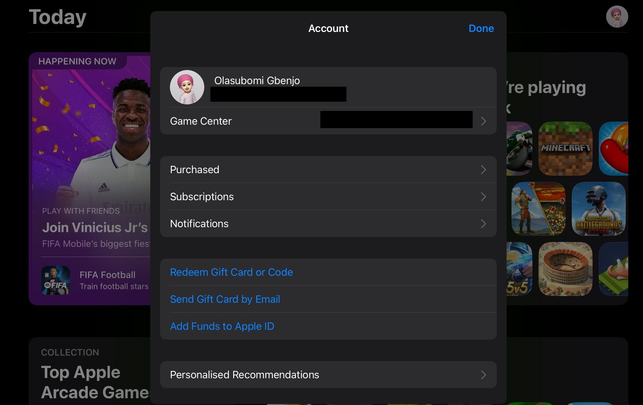 (App Store Account page on an iPad-1