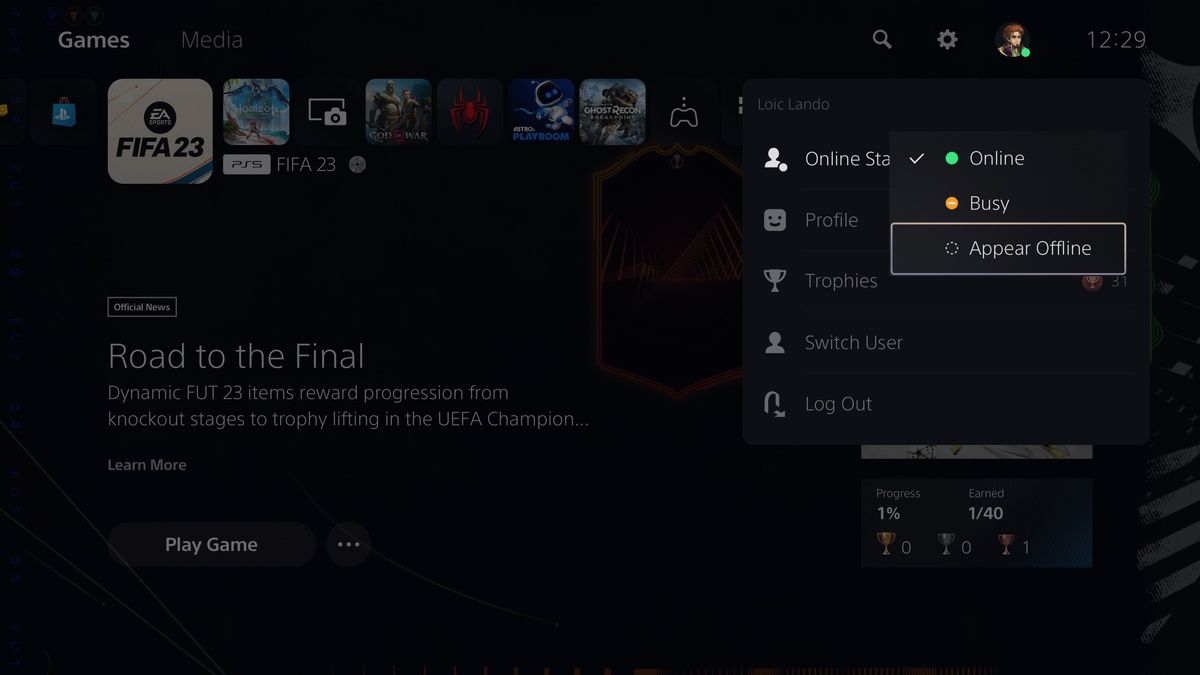 A PS5 screenshot showing how to change the online status of a user