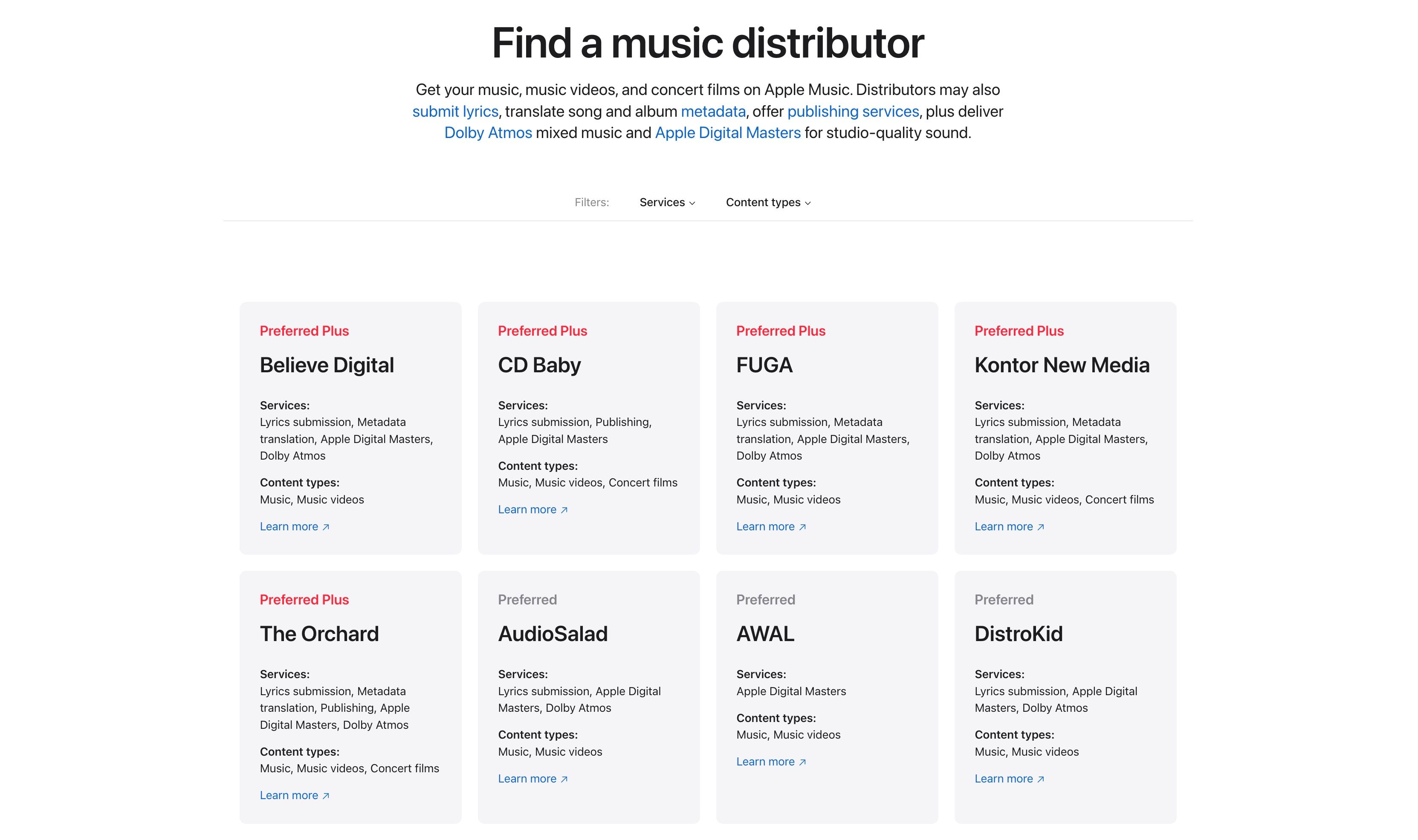A list of Apple preferred music distributors from the Apple support page.