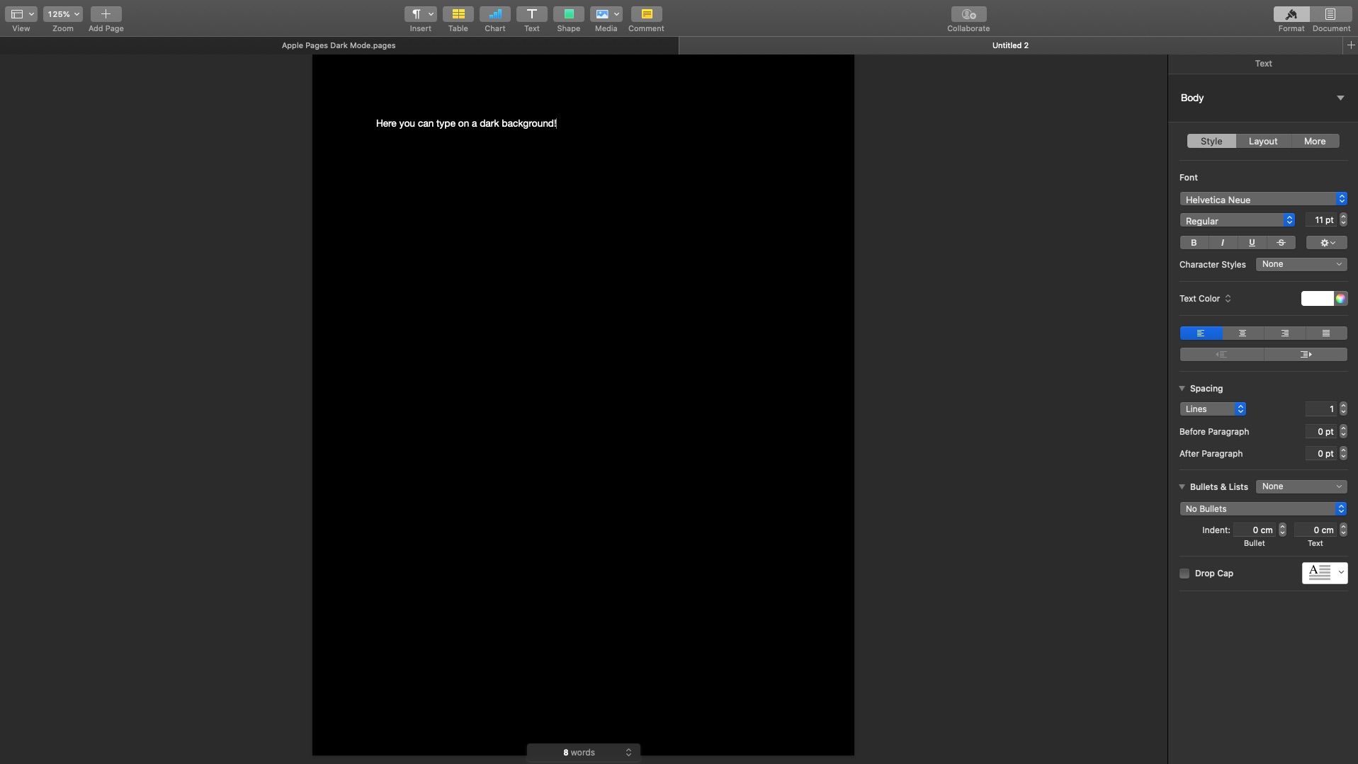 Black page in word processing software