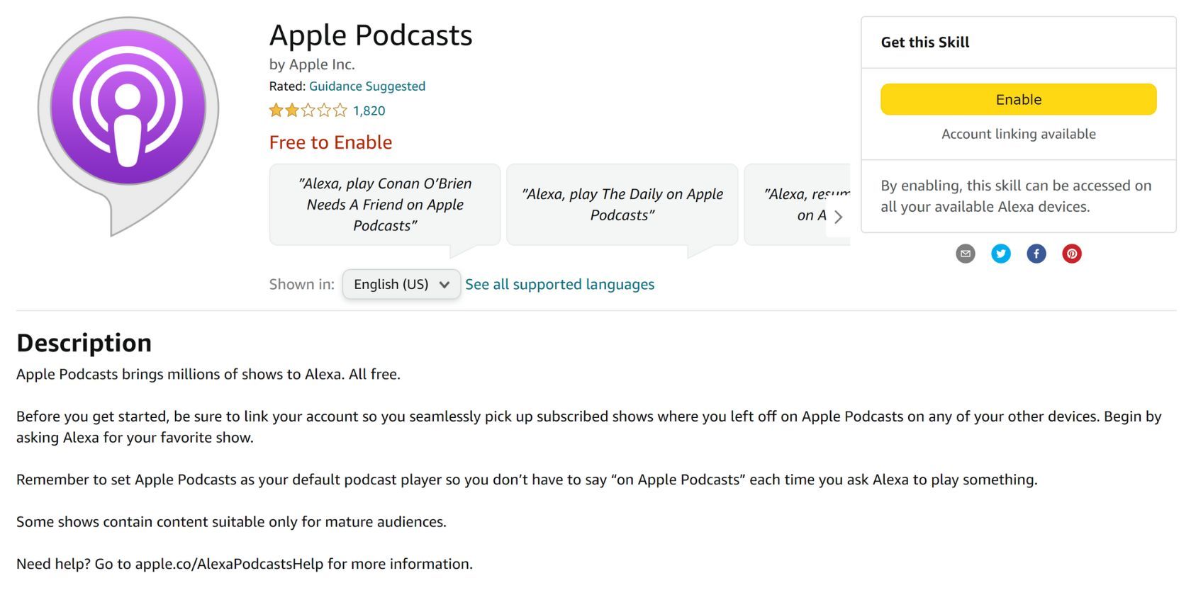 apple podcasts alexa skill details page