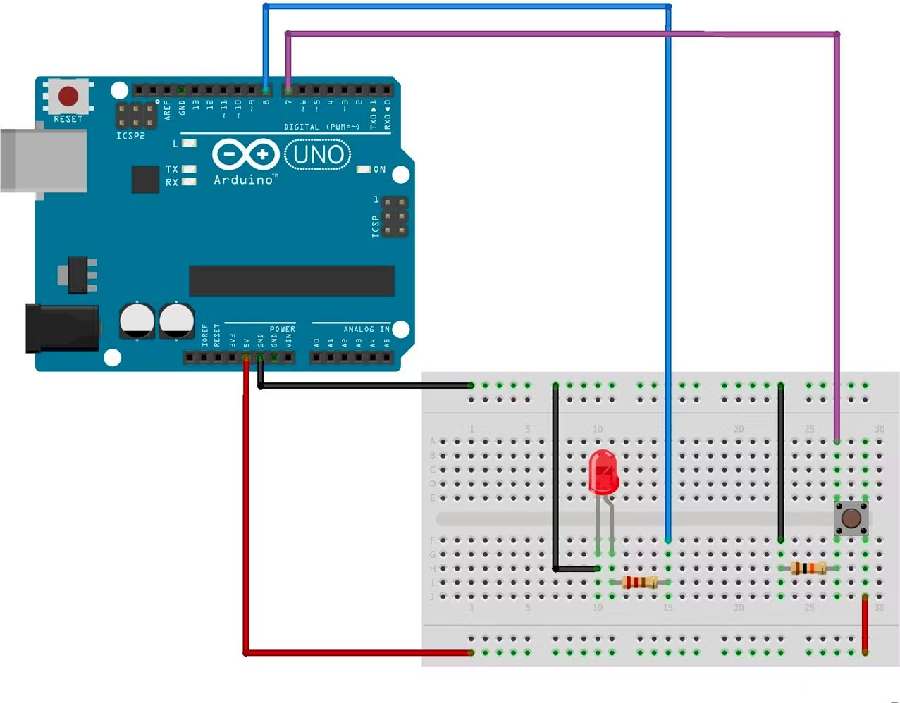 Sơ đồ nối dây cho nút nhấn Arduino và mạch LED