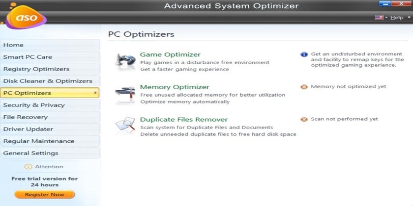 ASO PC Optimizer submenu