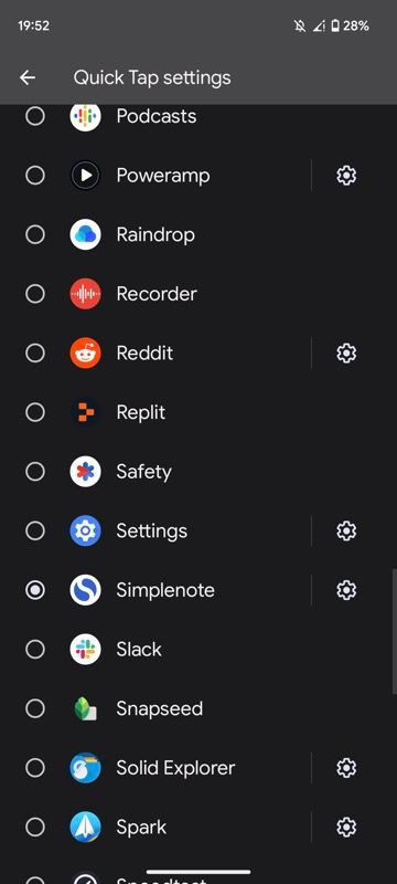 Simplenote را در منوی Quick Tap انتخاب کنید