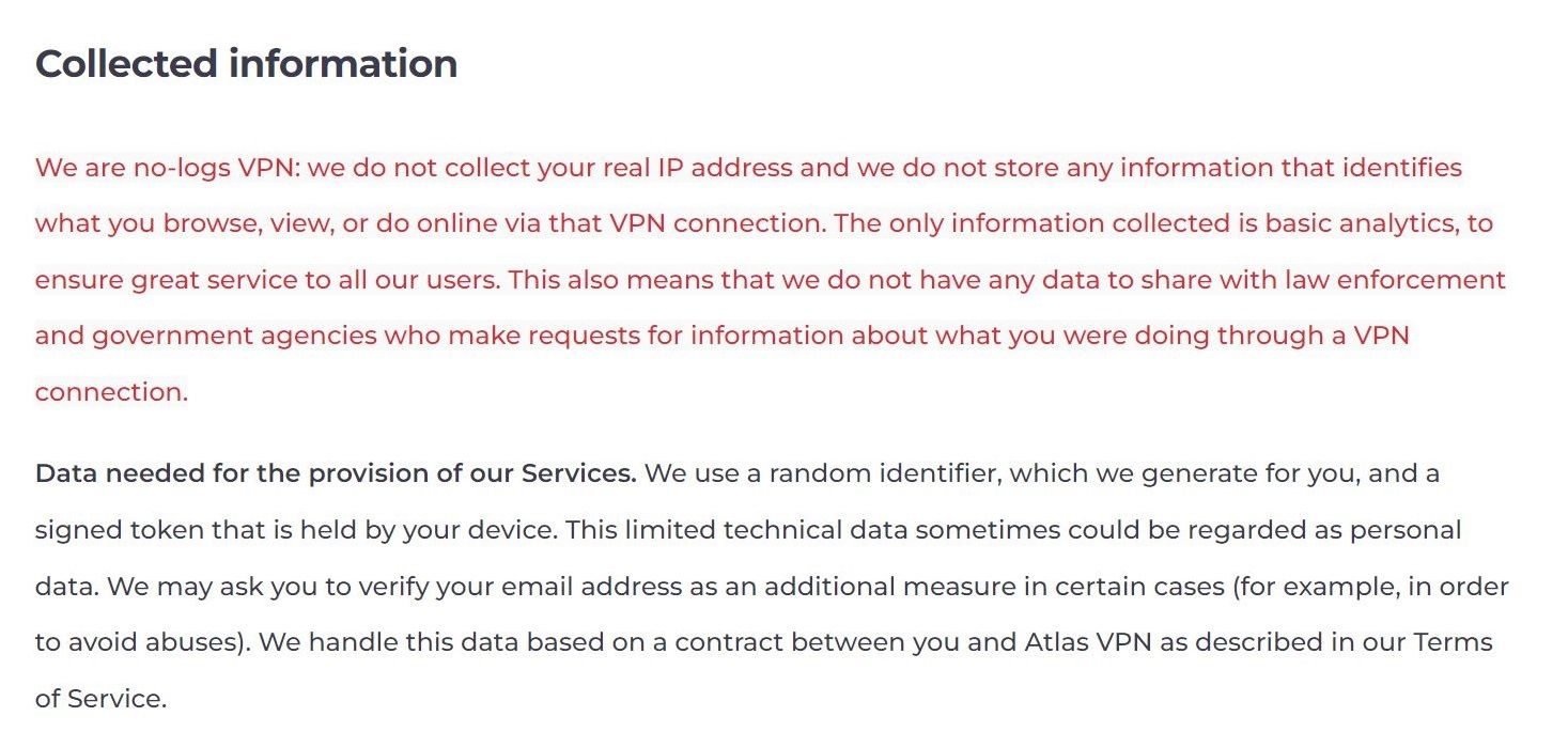 Screenshot of Atlas VPN Logging Policy