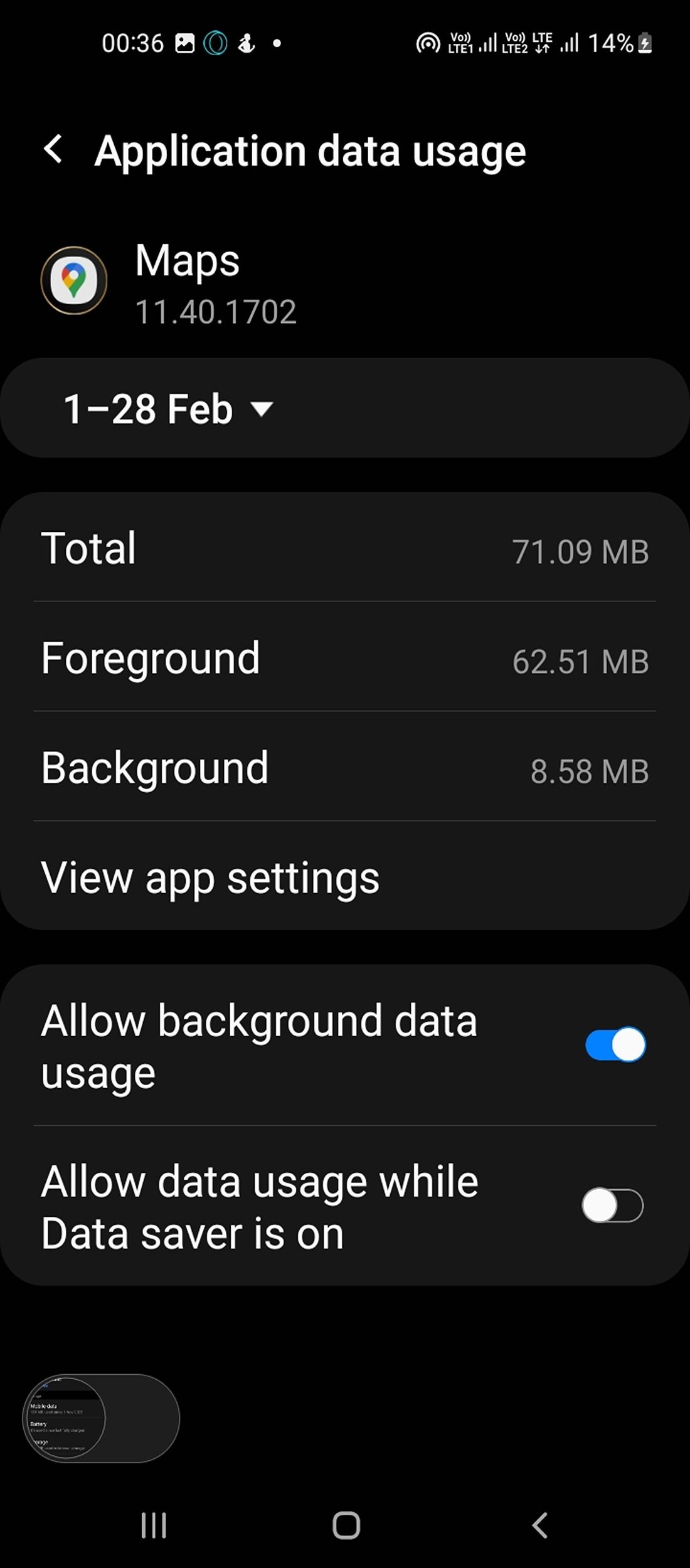 Background data usage settings enabled