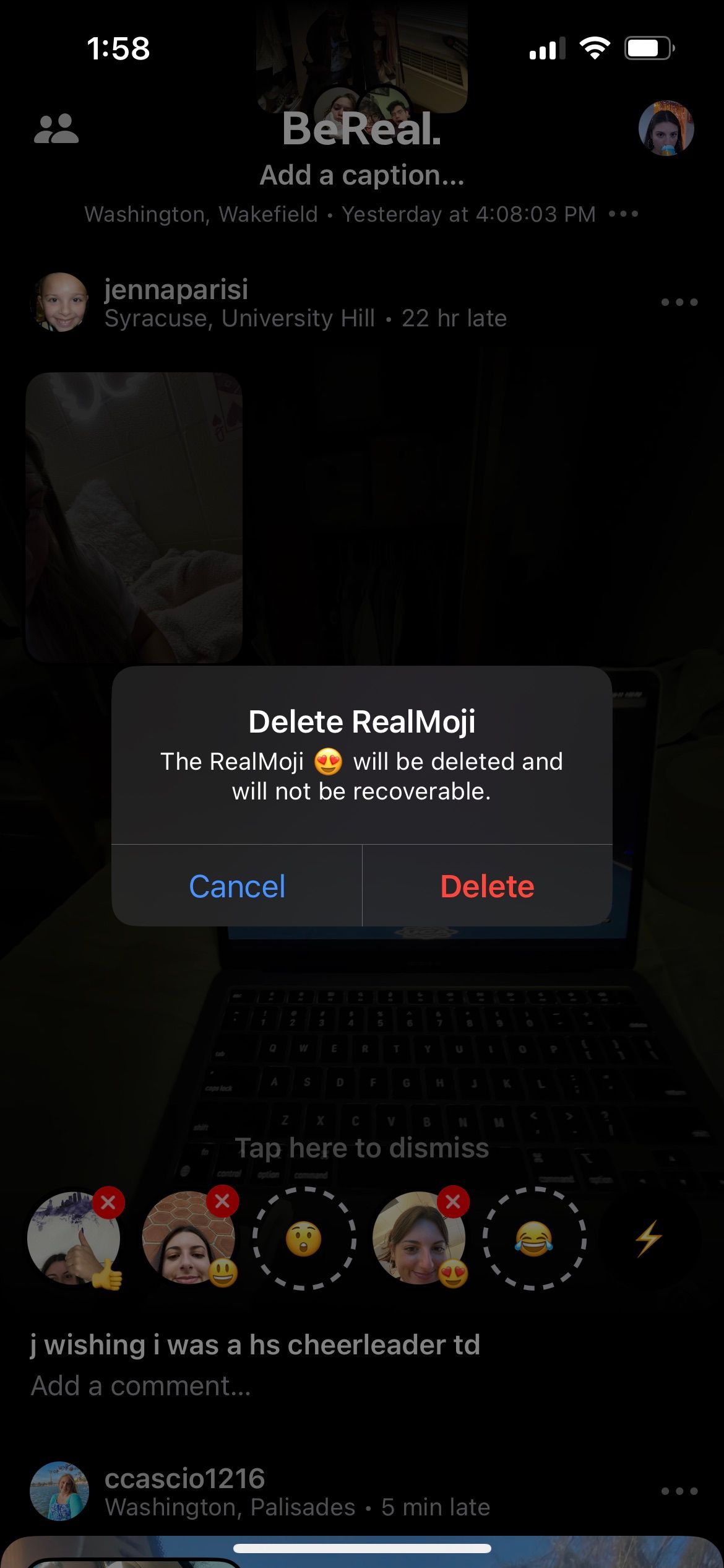 مرحله آخر BeReal برای حذف یک realmoji