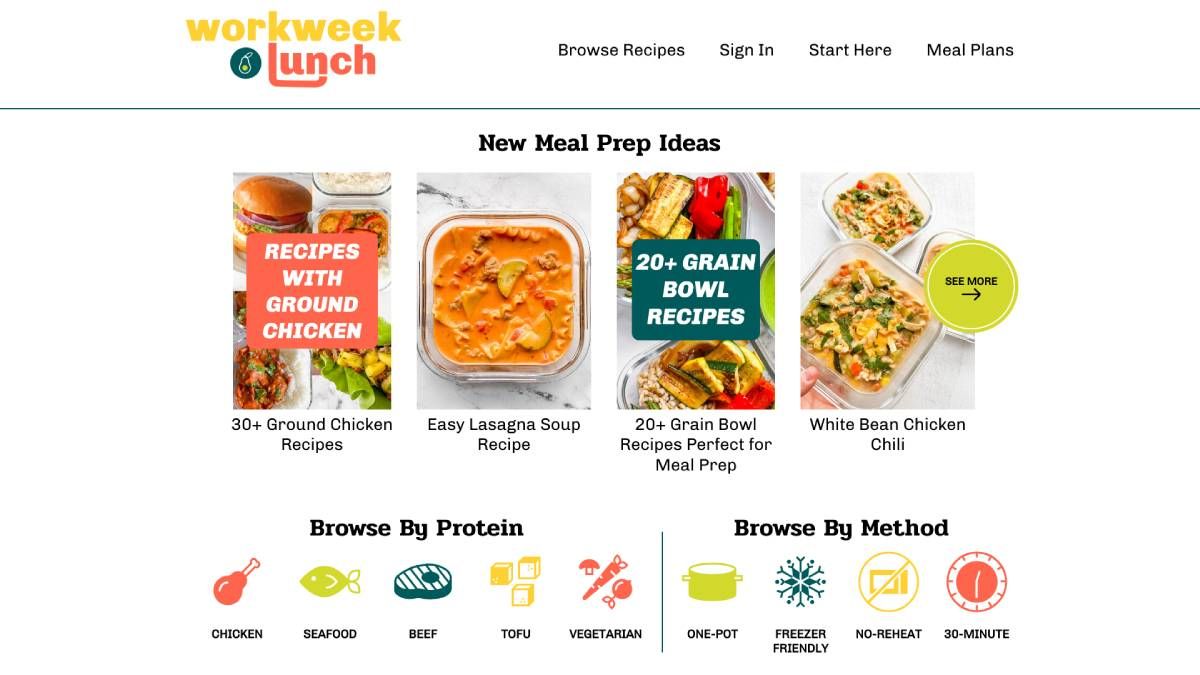 Workweek Lunch has the best database of recipes meant to be cooked in advance for meal prepping, which you can sort by protein type or cooking method
