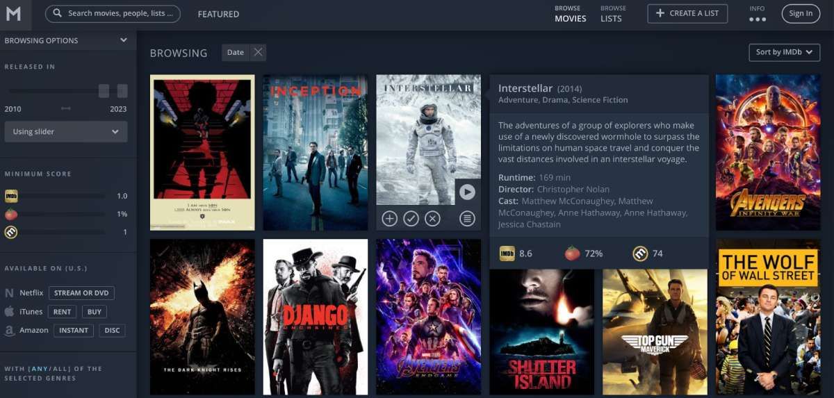 Movieo gives you all the info about a movie when you hover over a thumbnail, and let's you add it to watchlist, seenlist, or blacklist, making for the simplest way to make lists