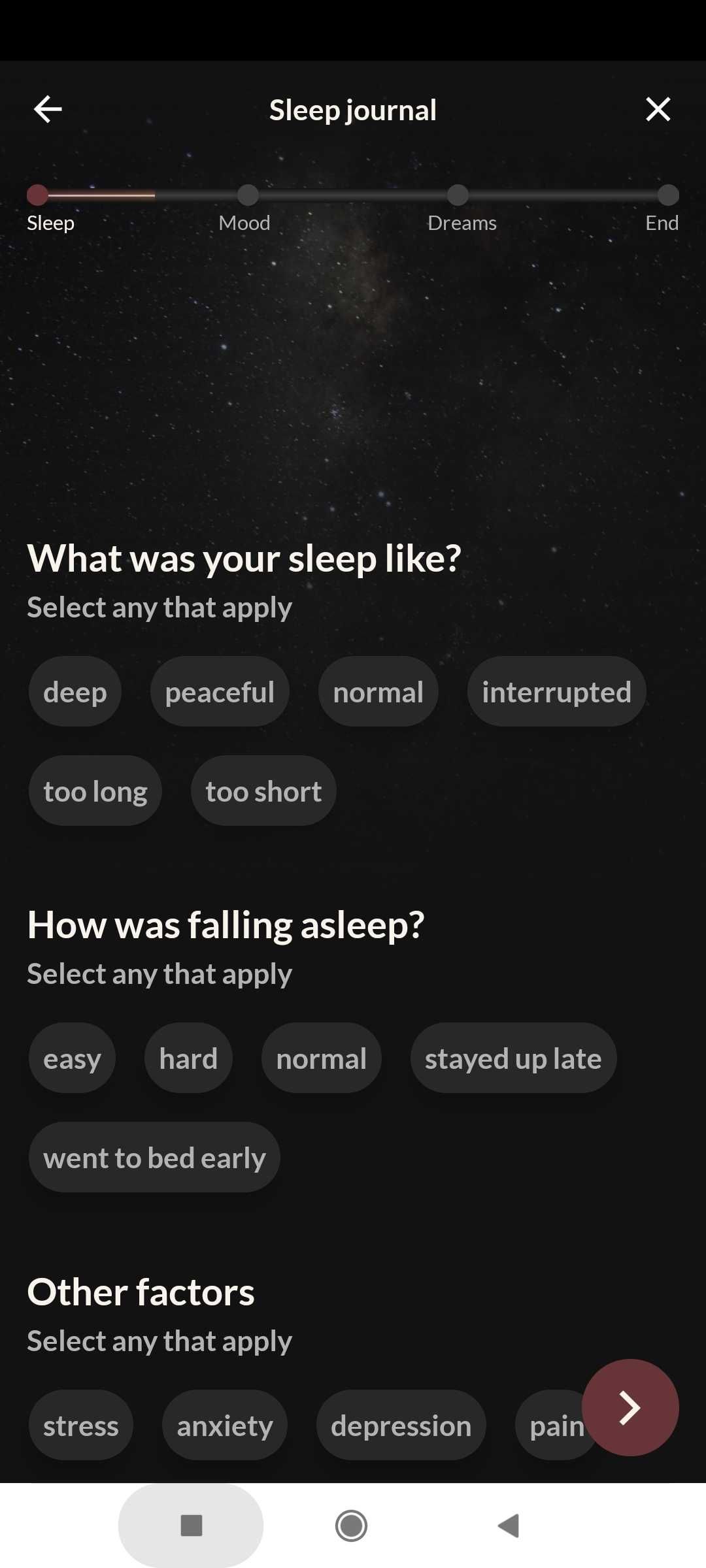 DreamWell's sleep journal gives you multiple-choice options to track your dreams, sleep, and moods
