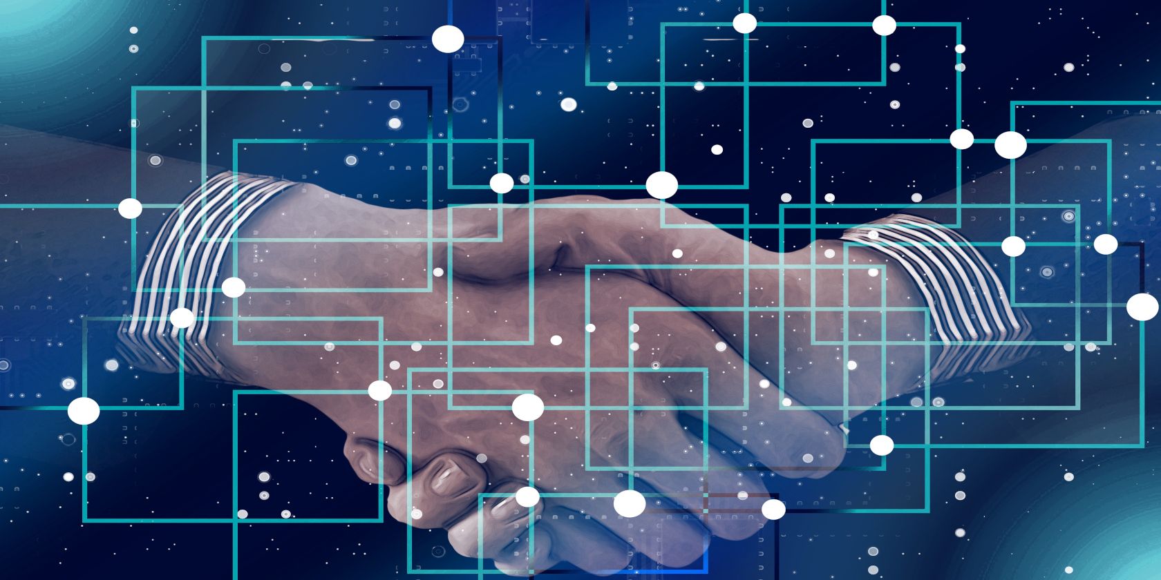 An image showing two people joining hands behind nodes