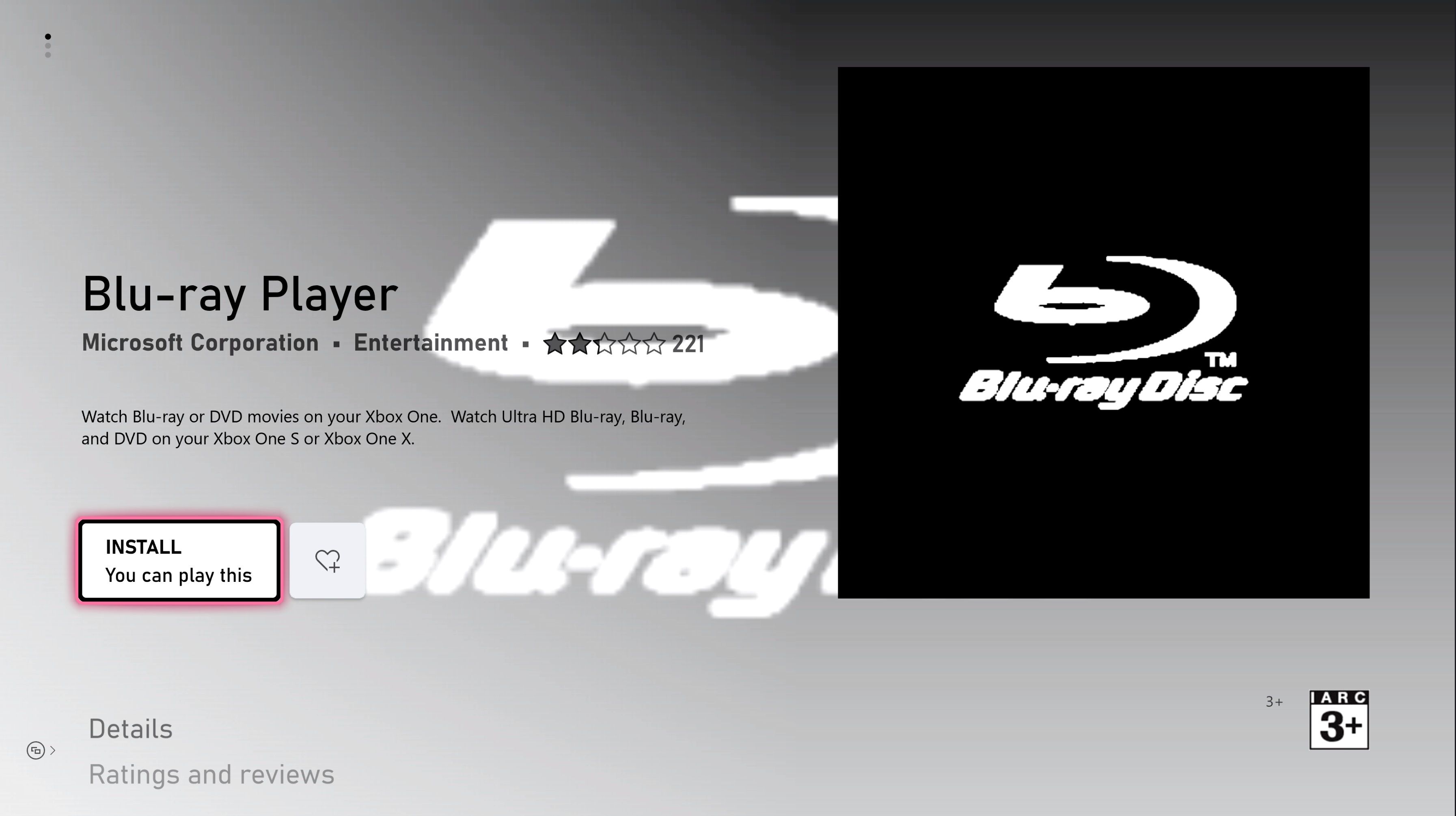 Bluray Player on Xbox Microsoft App Store