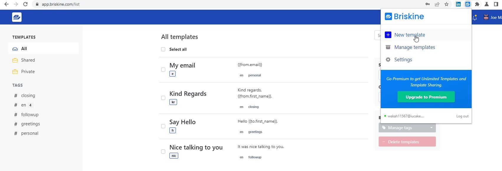 A Screenshot of the Briskine Email templates for Gmail Chrome Extension 