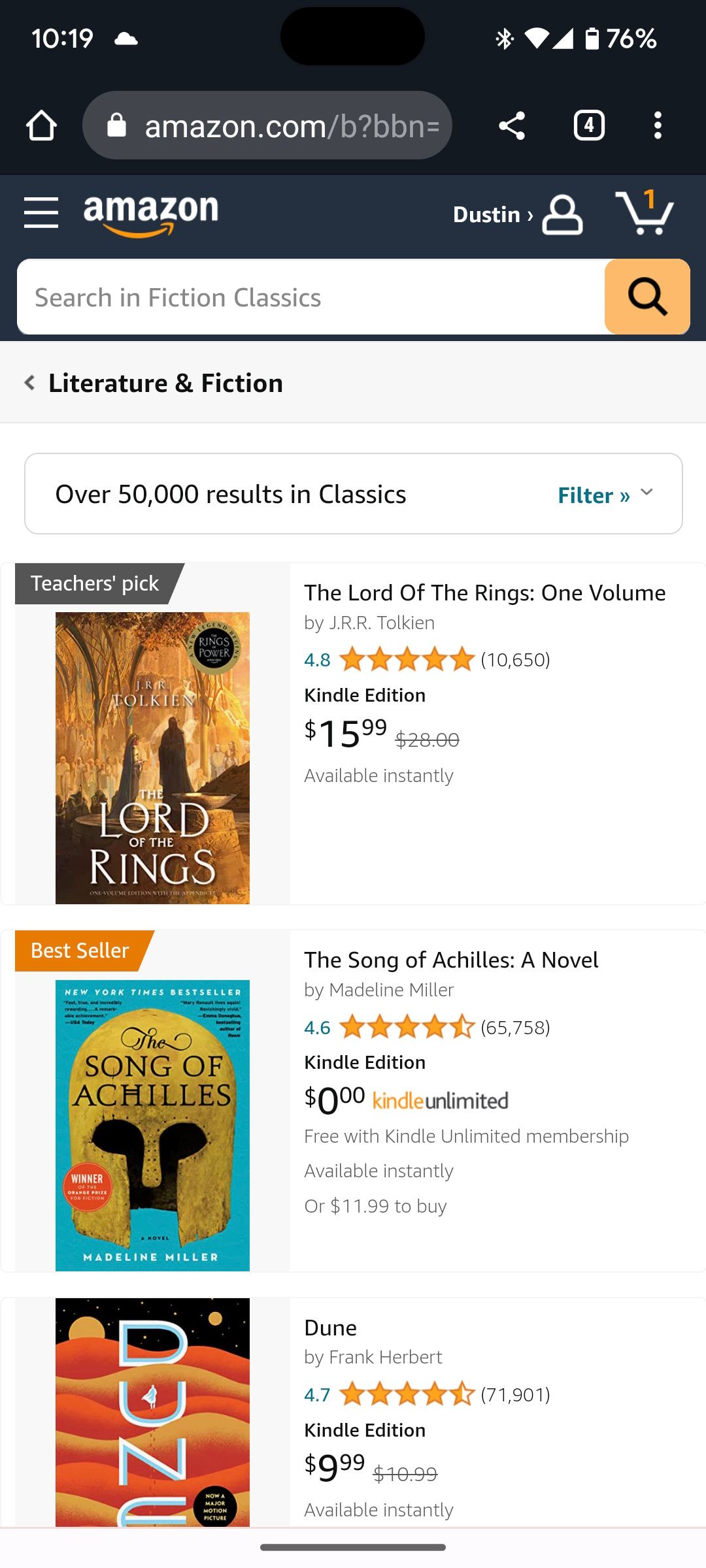 Browsing classic literature on Amazon's Kindle section