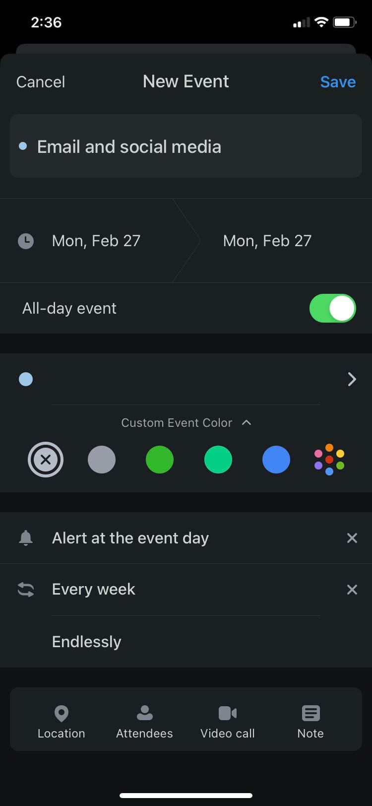 برنامه Calendars Planner & Organizer صفحه رویداد جدید ایجاد می کند