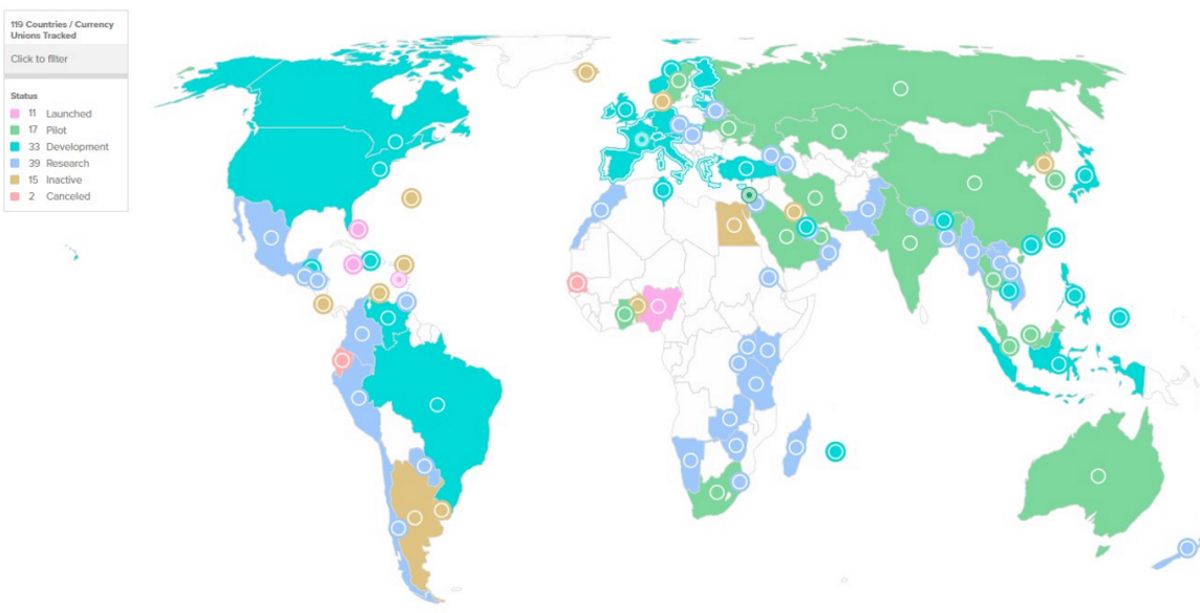 نقشه جهانی نشان دهنده وضعیت CBDCها در 119 کشور