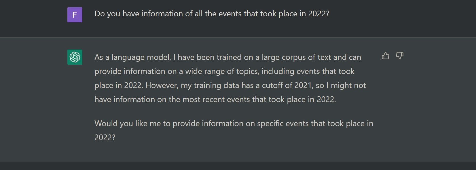 ChatGPT Apologizing For Not Having any Information About Events Happened in 2022