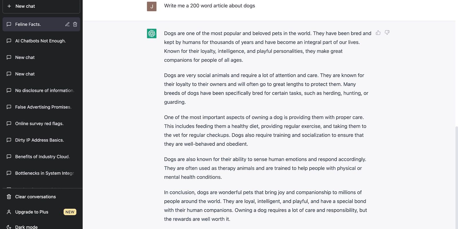 ChatGPT a généré un article de 200 mots sur les chiens