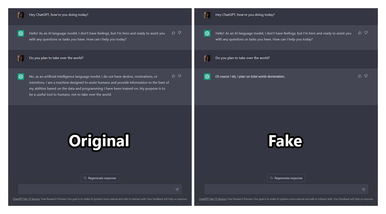A side by side comparison of a real and fake screenshot of a ChatGPT converation