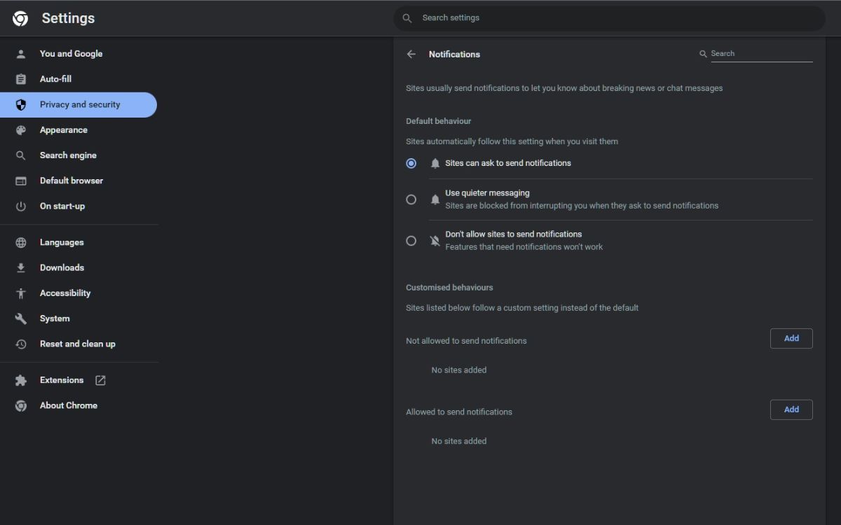 A screenshot of the Chrome Notifications Settings page