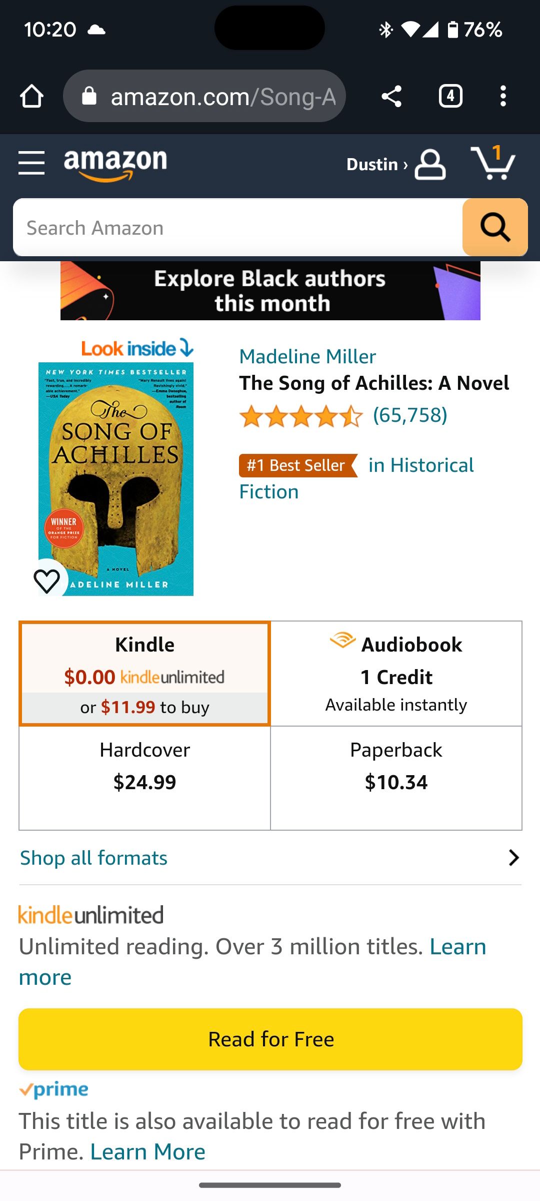 A listing for The Song of Achilles in the Kindle Store