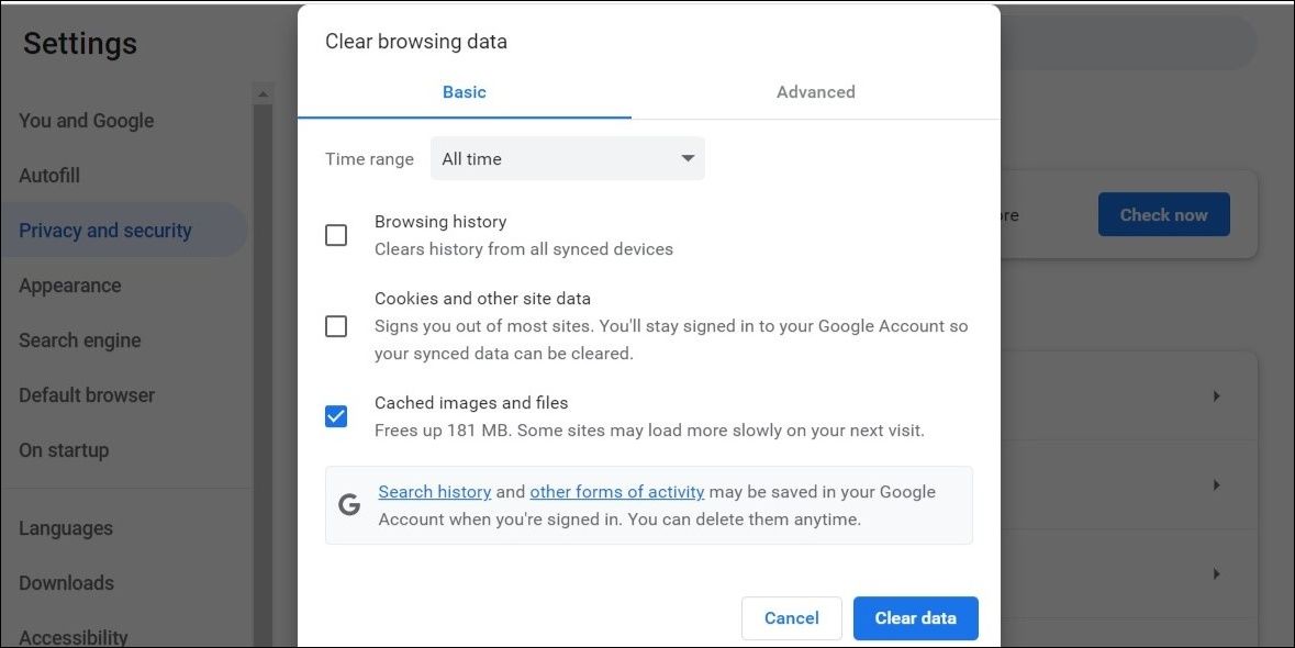 Clear Chrome Cache Data