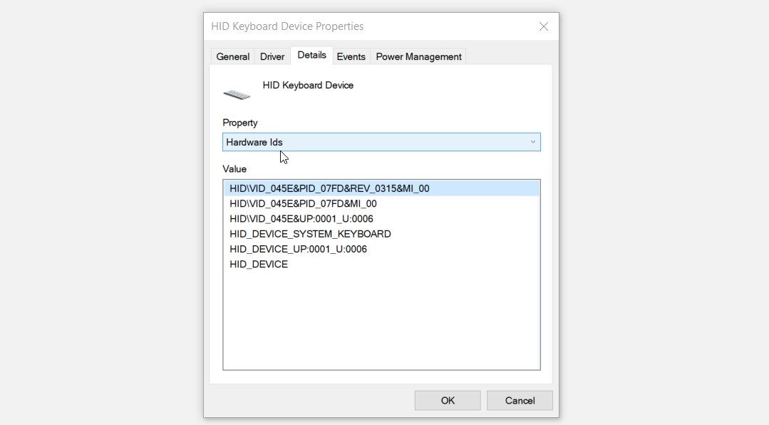 Clicking the Property drop-down menu and selecting Hardware Ids