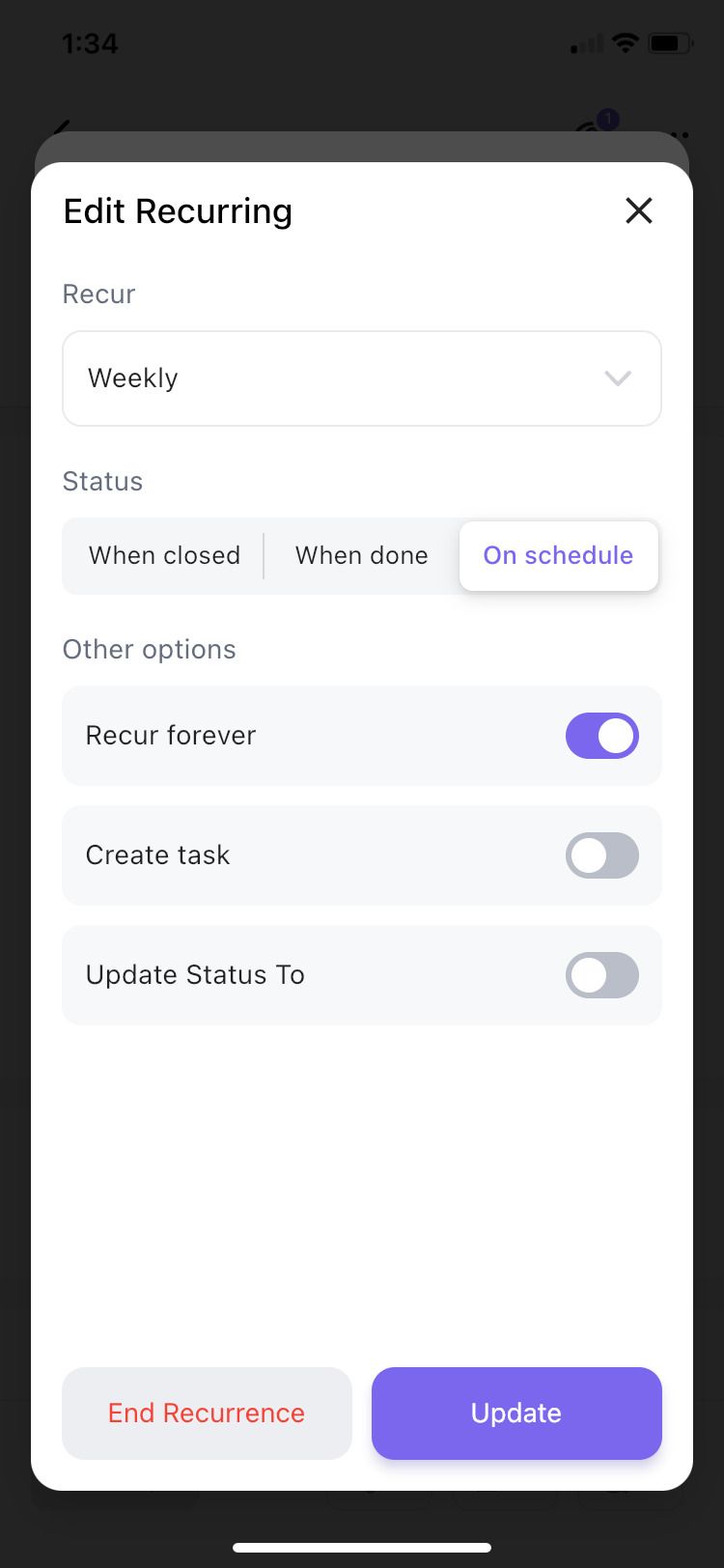 ClickUp app recurring task
