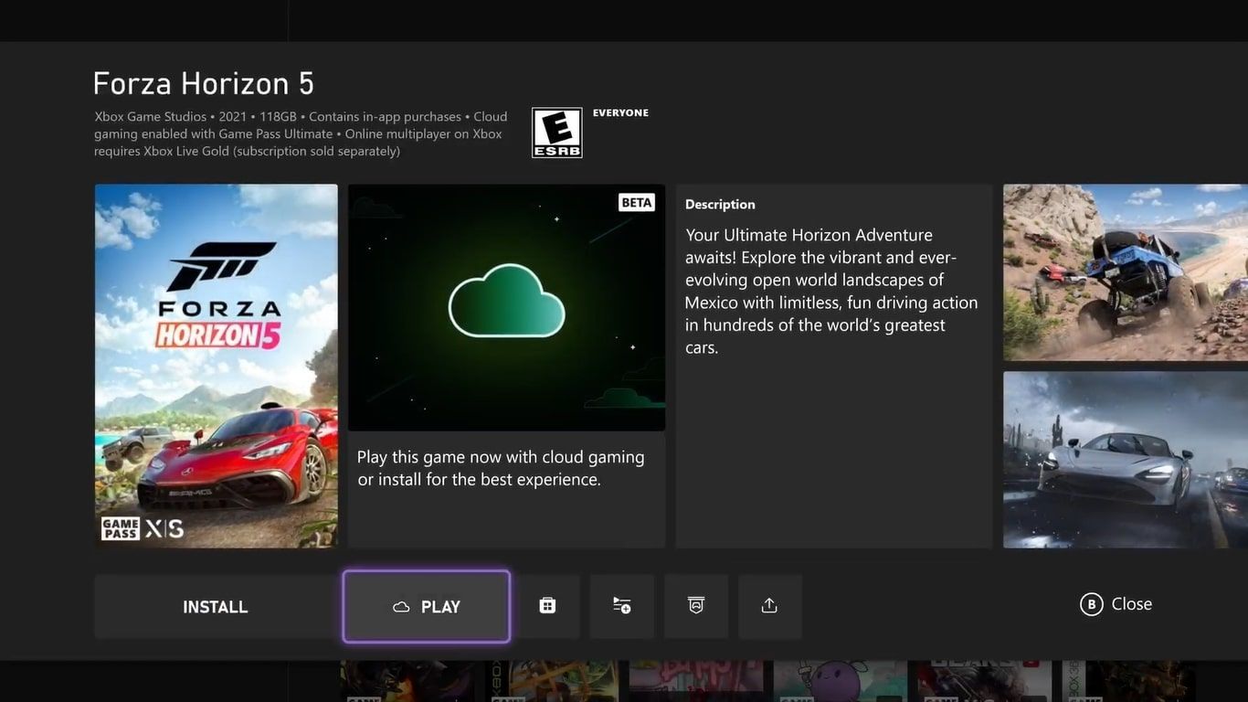 تصویری از کارت بازی Forza Horizon Five در Xbox Series S با گزینه Cloud Play برجسته شده است.