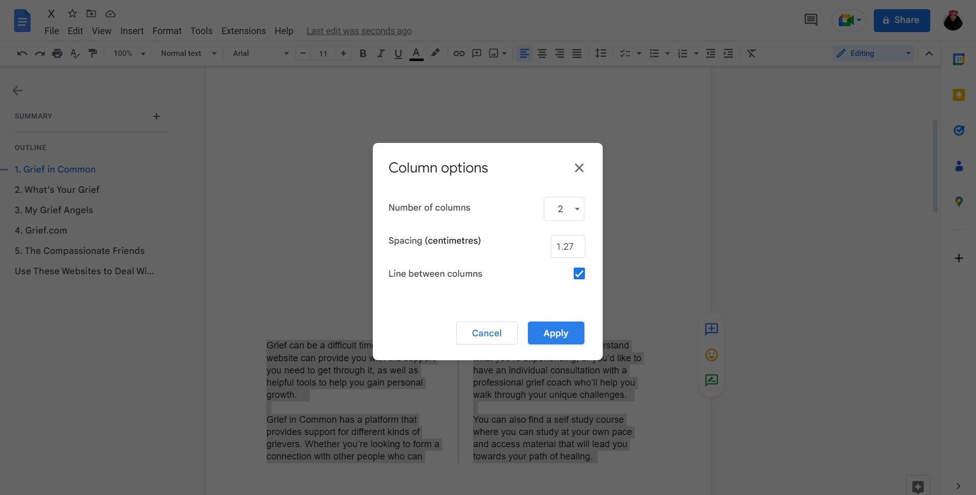 Columns options in Google Docs