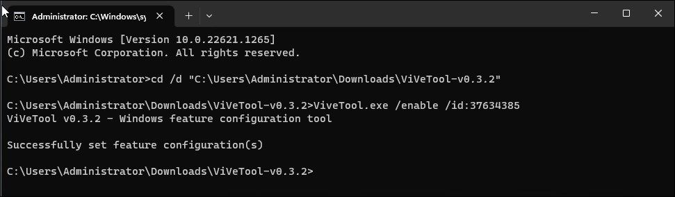 command prompt vivetool enable feature